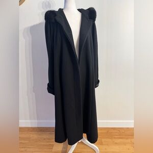 Donny Brook Long Wool Black Hooded Coat with Rabbit Fur Trim